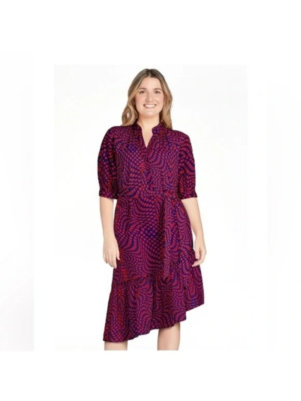 Scoop Womens Asymmetrical Ruffle Midi Dress Red Navy Coastal Preppy Style Large